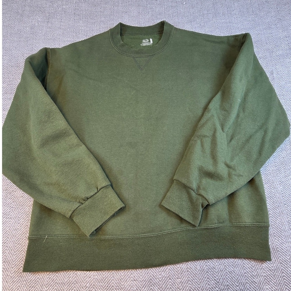 Fruit of the Loom Crewneck Sweatshirt Olive Green V-Stitch Fleece Pullover Large